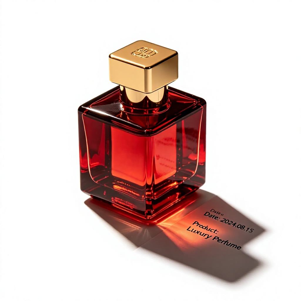 A luxury perfume bottle with a square, faceted red glass body and a polished gold cap, casting a sharp shadow on a white background.
