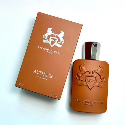 Althair Eau de Parfum by Parfum de Marly, showing the brown rectangular box and the matching brown rectangular bottle with a silver cap on a white background.
