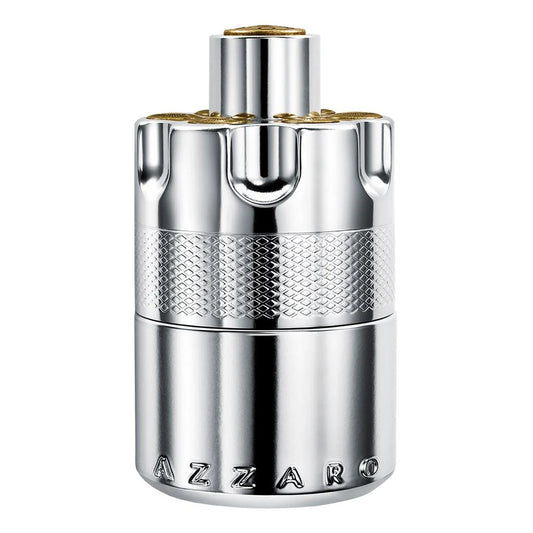 Silver cylindrical container with textured design and 'Azzaro' branding on a white background