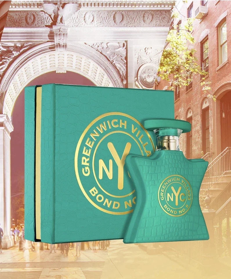 Greenwich Ville Bond No. 9 perfume bottle and its matching green presentation box with gold lettering, set against a blurred city street background.