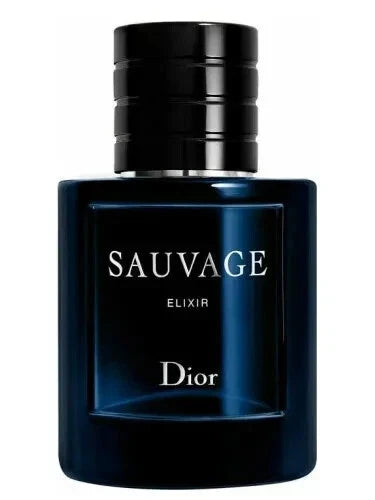 Dior Sauvage Elixir fragrance bottle in dark blue glass with a black cap, featuring silver lettering on a white background.