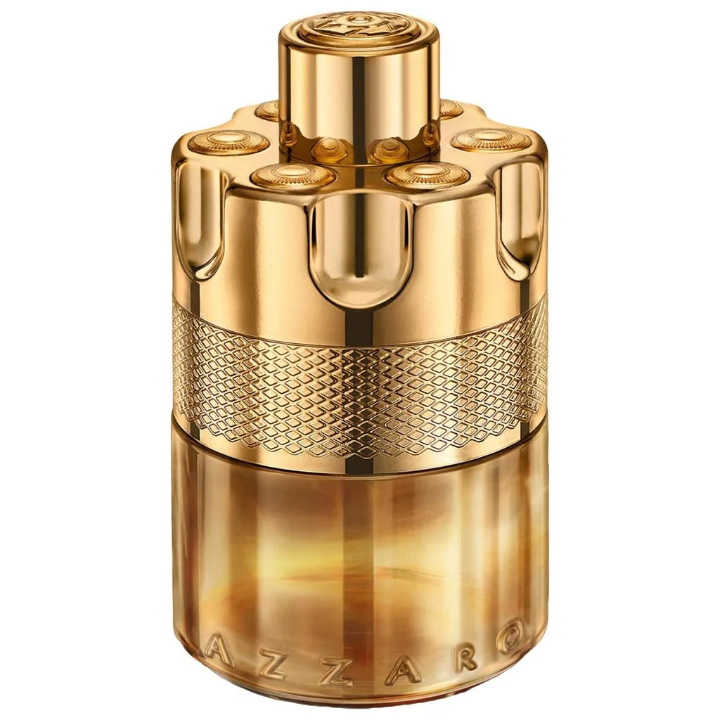 Gold Azzaro perfume bottle on a white background
