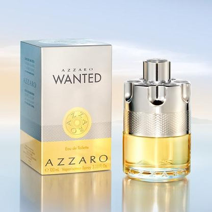 Azzaro Wanted perfume bottle and packaging on a gradient background