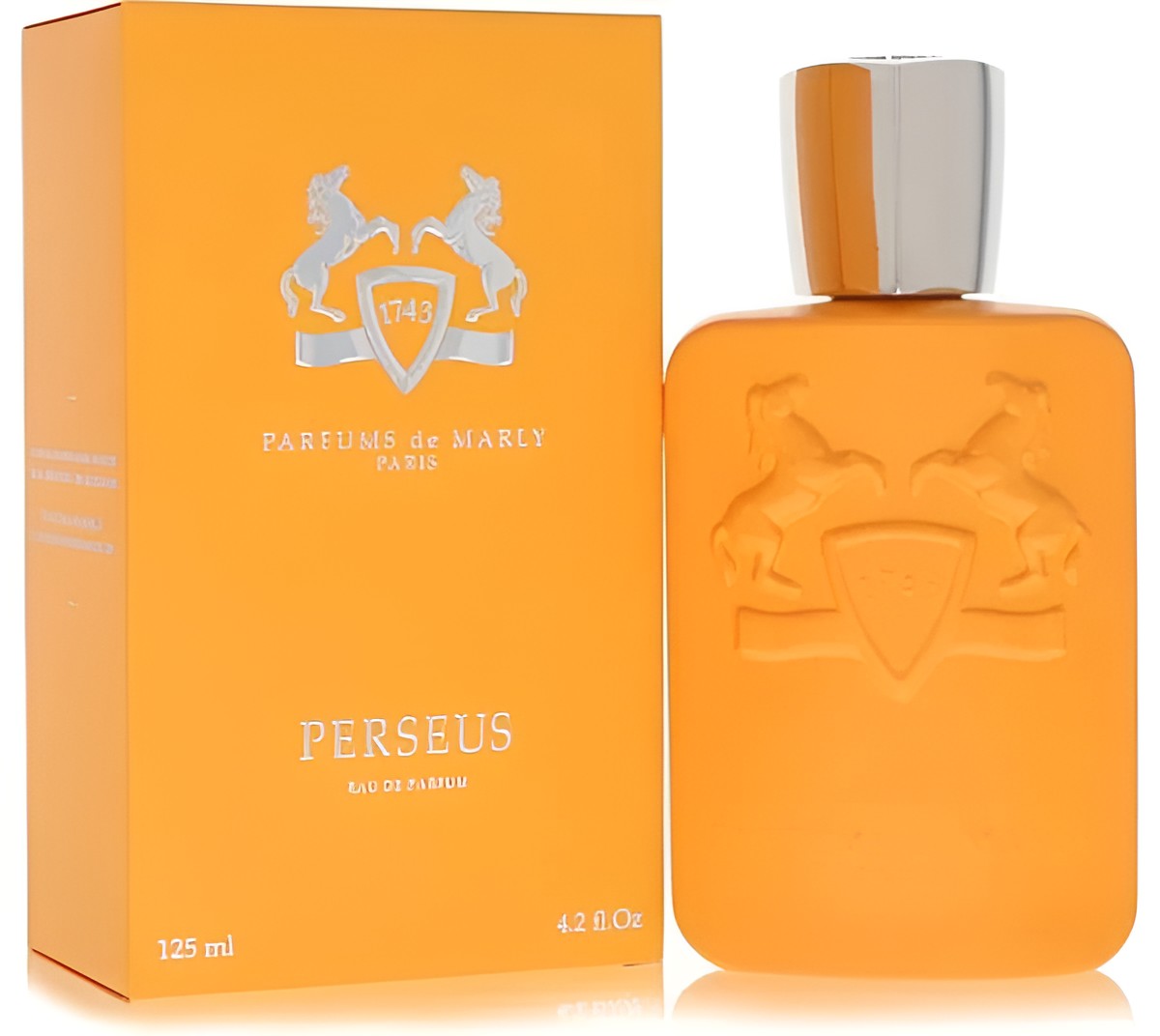 Orange perfume bottle and matching orange box for Parfums de Marly Perseus Eau de Parfum, with a silver-toned cap and embossed horse crest on a white background.