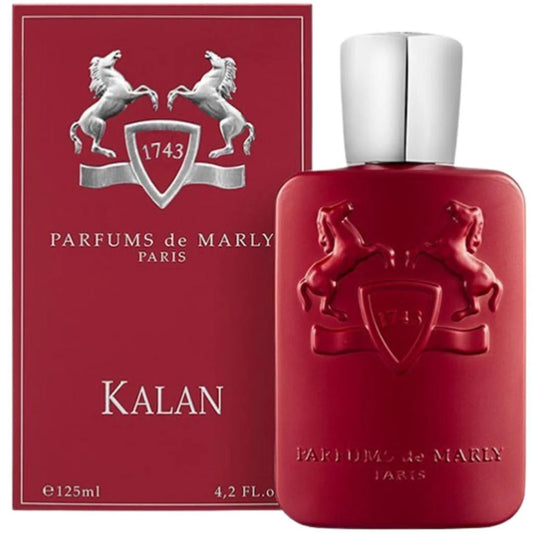 Parfums de Marly Kalan perfume bottle and its red packaging box, featuring a silver horse emblem and the brand name.