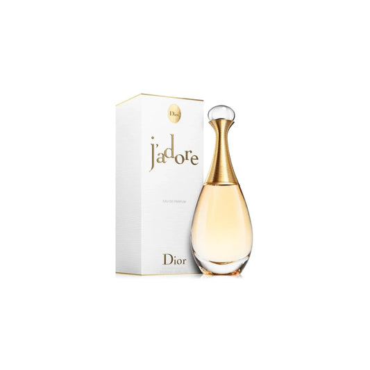 Dior J'adore Eau de Parfum bottle with its white and gold packaging box, displayed on a clean white background.