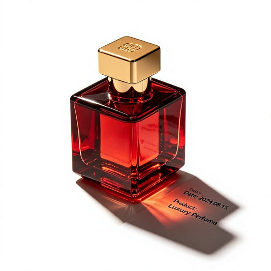 A luxury perfume bottle with a square, faceted red glass body and a polished gold cap, casting a sharp shadow on a white background.