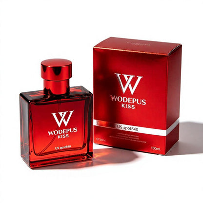 Wodepus Kiss US spot 540 perfume bottle and its packaging box, both in a glossy metallic red color, set against a plain white background.