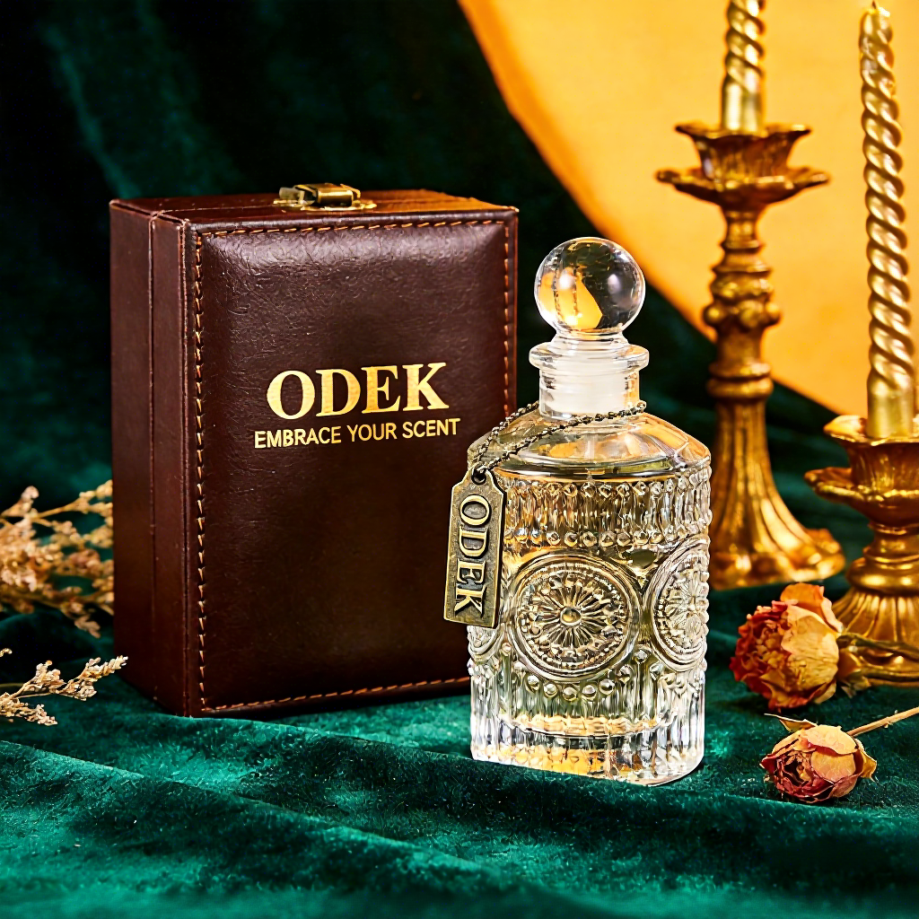 A clear glass perfume bottle with ornate cut-glass detailing and a round glass stopper, shown beside a brown leather ODEK box on a dark green velvet surface. Gold candlesticks, dried flowers, and a yellow fabric backdrop are visible around the scene.
