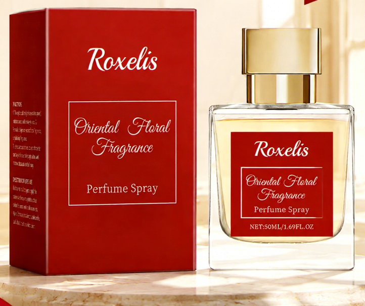 Roxelis Oriental Floral Fragrance perfume spray bottle and its red box displayed on a marble surface, with promotional text and shipping icons around it.