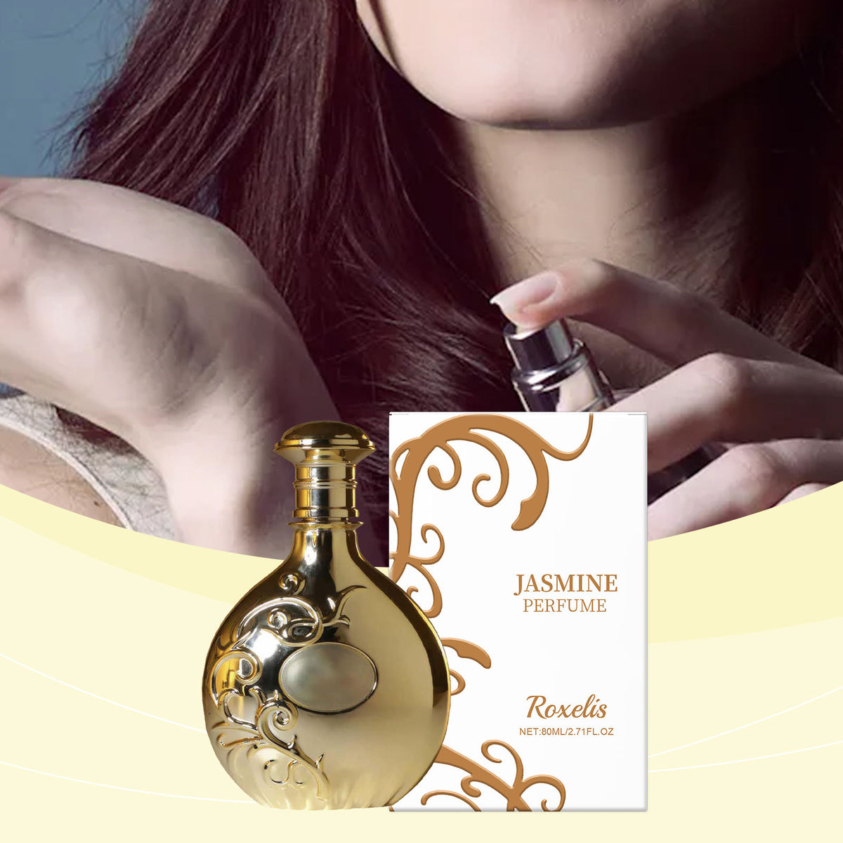 Gold perfume bottle with decorative label and a woman holding a small bottle of perfume.