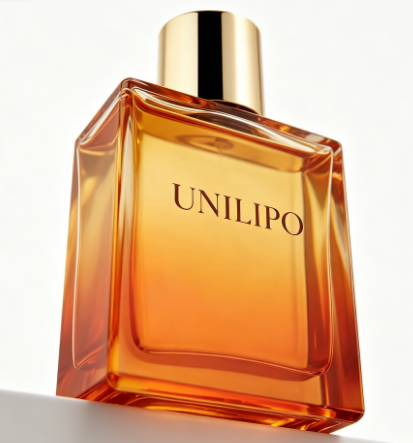 A square glass perfume bottle filled with amber-orange liquid, featuring a metallic gold cap and the brand name 'UNILIPO' printed in gold on the front, set against a clean white background.
