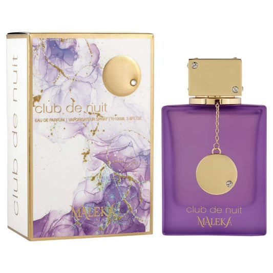 MALEKA Club de Nuit Eau de Parfum bottle in purple glass with a gold cap and circular gold charm, shown next to its white and purple marbled packaging box with gold accents.