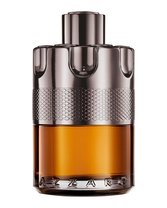 Azzaro Eau de Toilette bottle with a metallic dark gray textured cap and a warm amber liquid inside a clear glass bottle, on a white background.