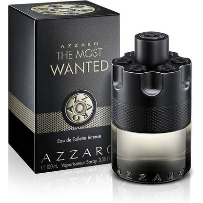 Azzaro The Most Wanted perfume bottle and packaging on a white background