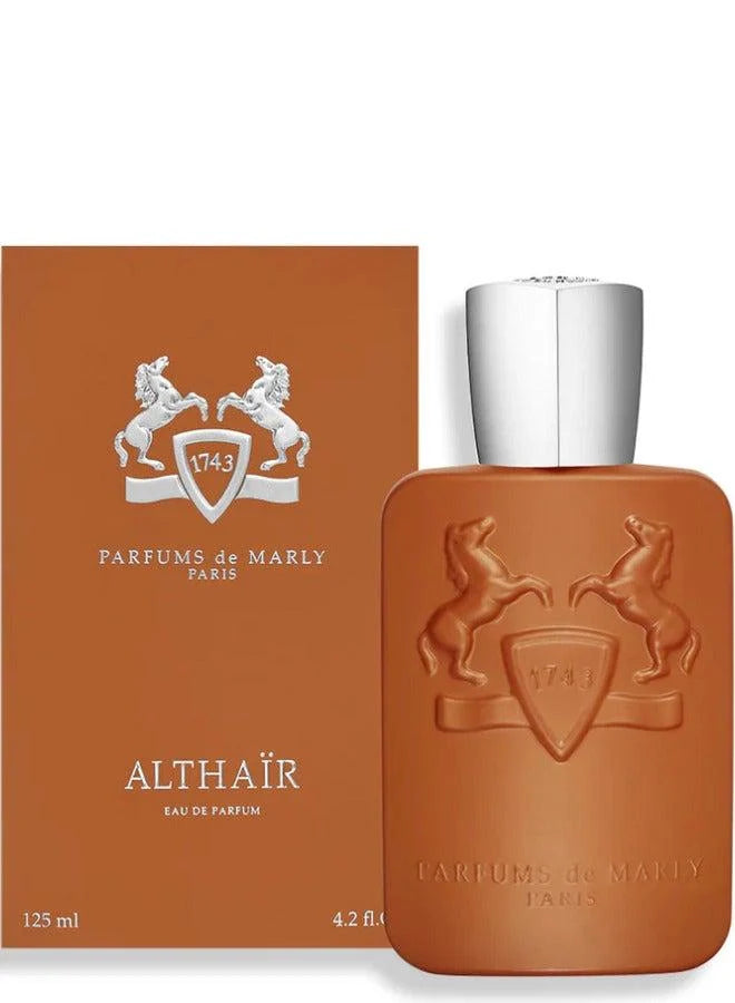 Althaír Eau de Parfum bottle and its matching brown cardboard box by Parfums de Marly, featuring a silver cap and embossed horse crest.