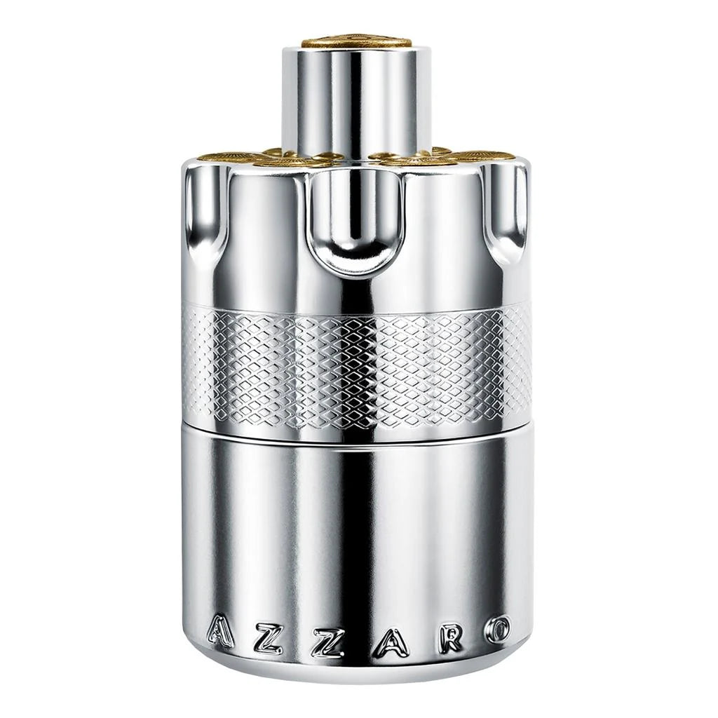 Silver cylindrical container with textured design and 'Azzaro' branding on a white background