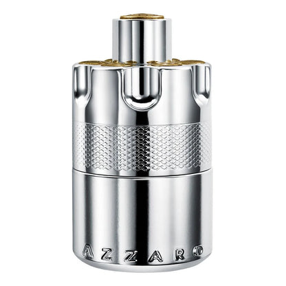 Silver cylindrical container with textured design and 'Azzaro' branding on a white background