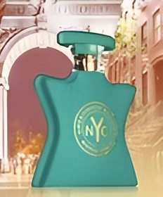 A teal green bottle of Bond Street NYC perfume with a gold circular logo, set against a blurred background of a classic New York City street scene.