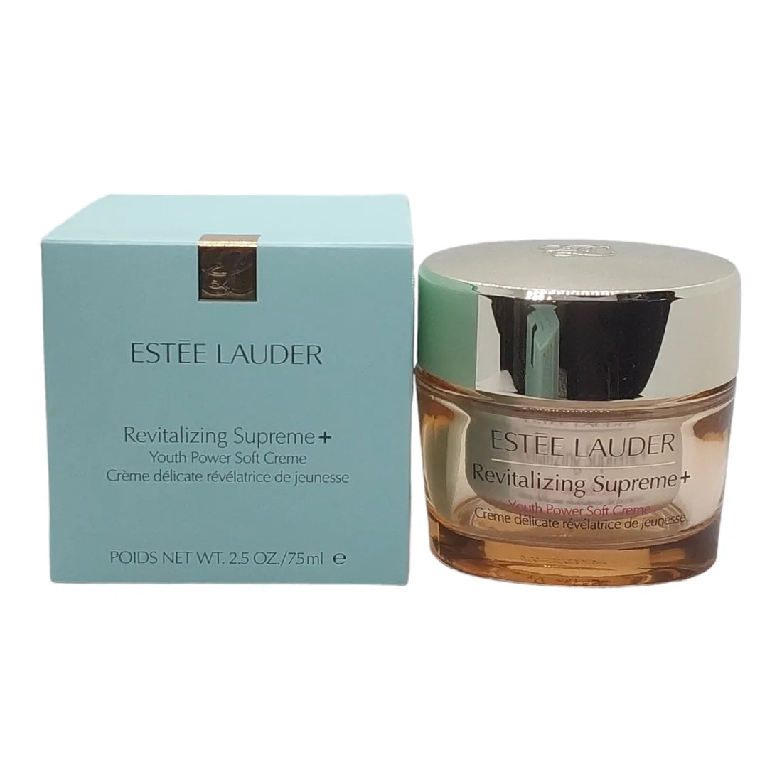 Estée Lauder Revitalizing Supreme+ cream jar and packaging on a white background