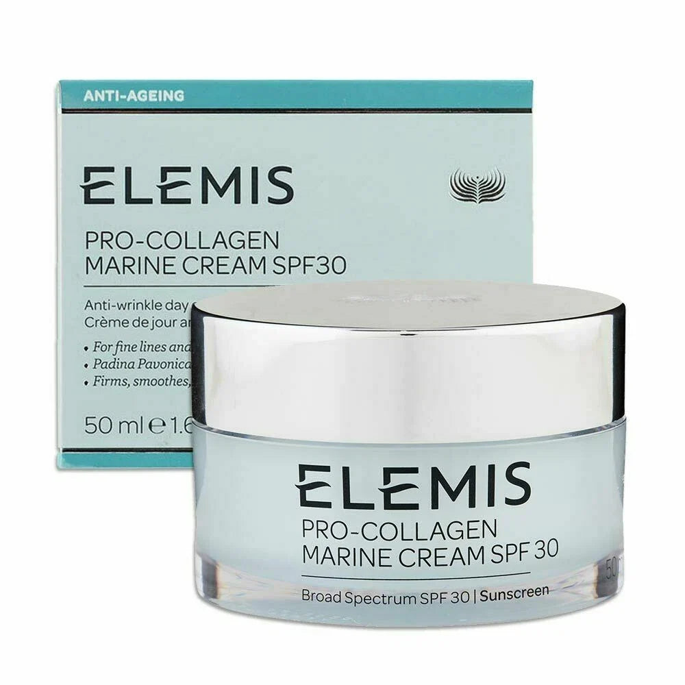 Elemis Pro-Collagen Marine Cream SPF 30 in a clear glass jar with a silver lid, shown in front of its light blue and teal packaging box.