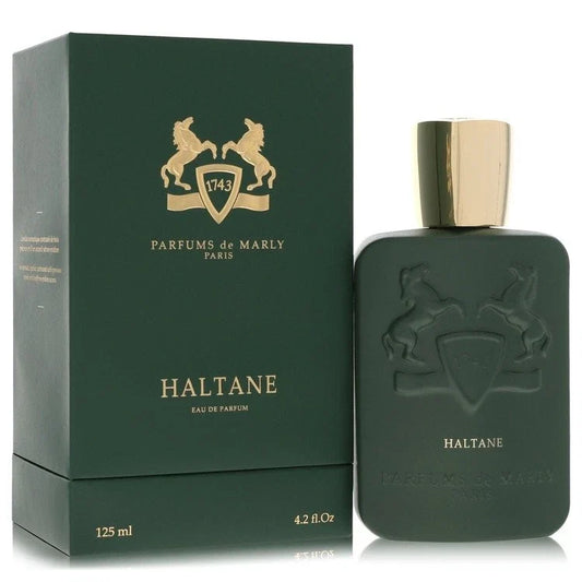 Green Parfums de Marly Haltane perfume bottle and packaging on a white background