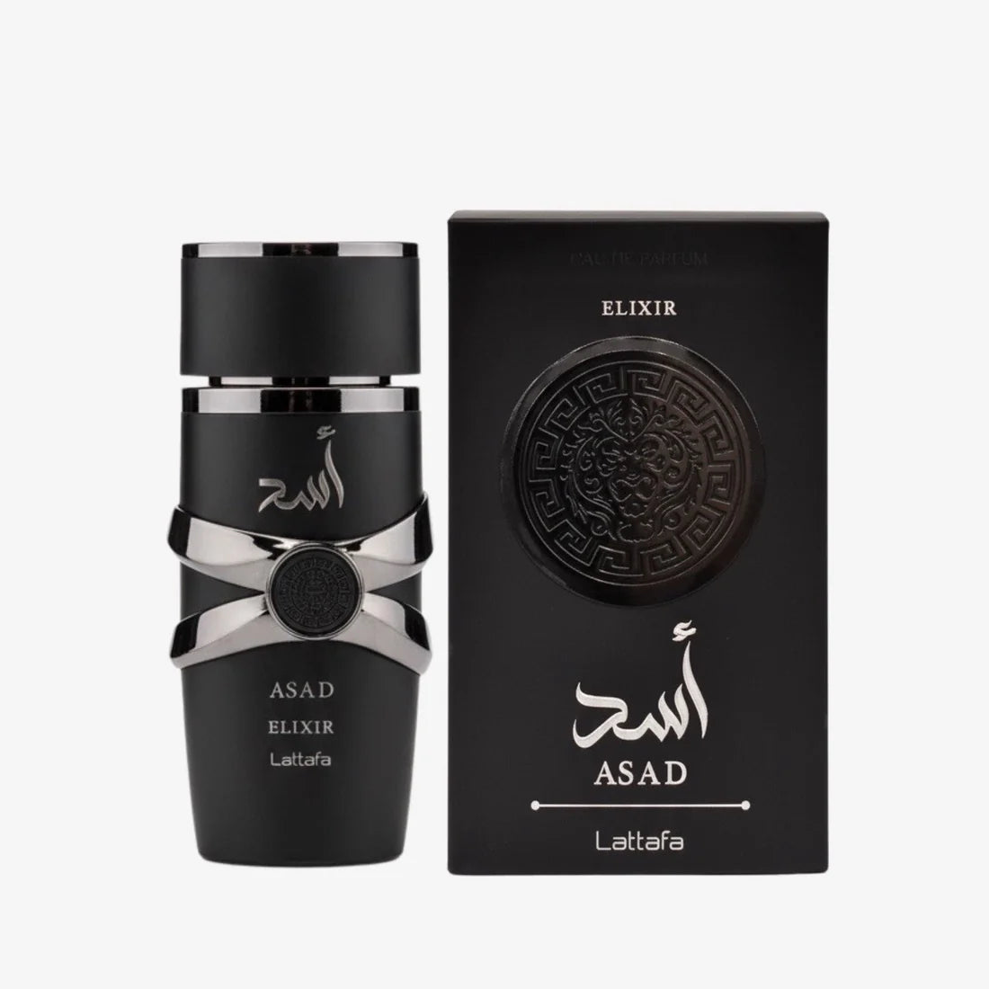 Black perfume bottle and packaging with 'ASAD' branding on a white background