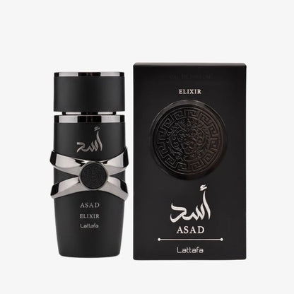 Black perfume bottle and packaging with 'ASAD' branding on a white background
