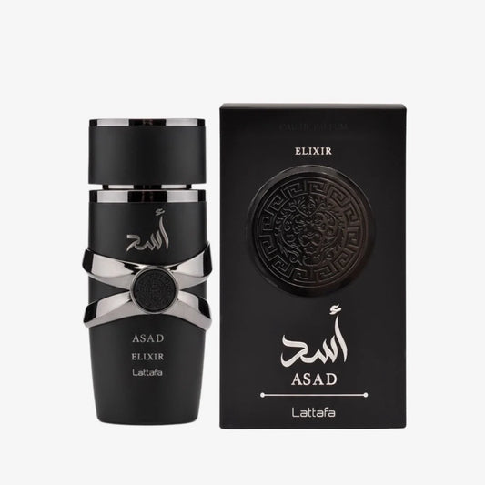 Black perfume bottle and packaging with 'ASAD' branding on a white background