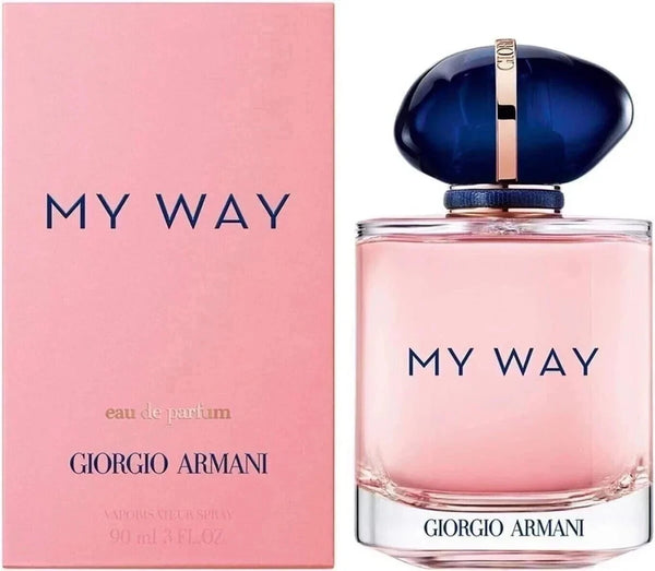 Giorgio Armani My Way Eau de Parfum 90ml bottle next to its pink packaging box, featuring a pink liquid, a dark blue cap, and gold lettering.