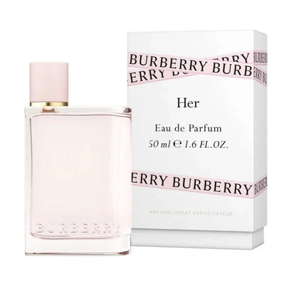 Burberry Her Eau de Parfum 50ml bottle with its white packaging box, both featuring the brand's signature pink and white color scheme on a clean white background.