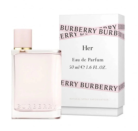Burberry Her Eau de Parfum 50ml bottle with its white packaging box, both featuring the brand's signature pink and white color scheme on a clean white background.