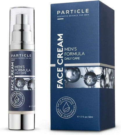 Particle Face Cream Men's Formula Daily Care shown as a silver pump bottle next to its dark blue packaging box on a white background.
