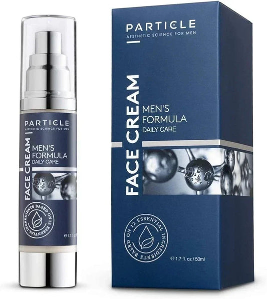 Particle Face Cream Men's Formula Daily Care shown as a silver pump bottle next to its dark blue packaging box on a white background.