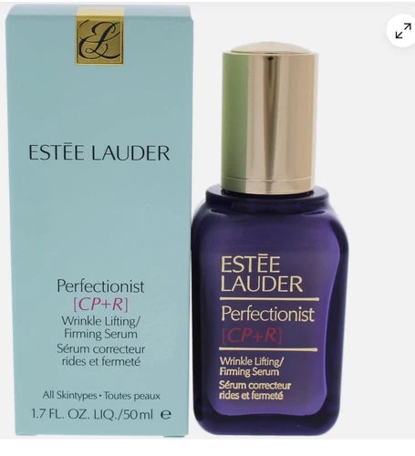 Estée Lauder Perfectionist [CP+R] Wrinkle Lifting/Firming Serum shown with its light blue box and the dark purple bottle with a metallic gold cap on a white background.