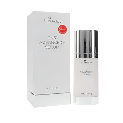 SkinMedica TNS Advanced+ Serum shown with its white product box and a frosted white bottle with a reflective silver cap on a white background.