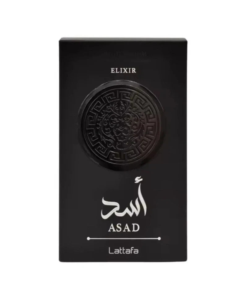 A black rectangular product box for Lattafa Asad Elixir, featuring a circular embossed black medallion with a Greek key border and white Arabic calligraphy and text on a plain white background.