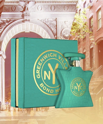 Greenwich Ville Bond No. 9 perfume bottle and its matching green presentation box with gold lettering, set against a blurred city street background.