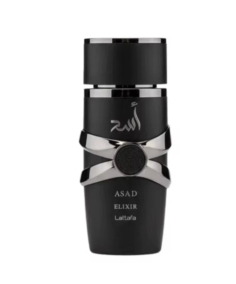 A black cylindrical bottle of Asad Elixir by Lattafa, featuring a glossy finish, silver metallic bands, and white text on a plain white background.