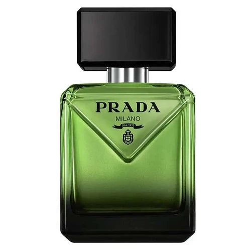 Prada Milano fragrance bottle in a gradient green glass design with a black cap, shown on a plain white background.