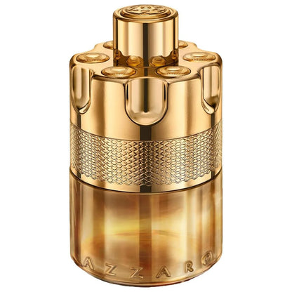 Gold Azzaro perfume bottle on a white background