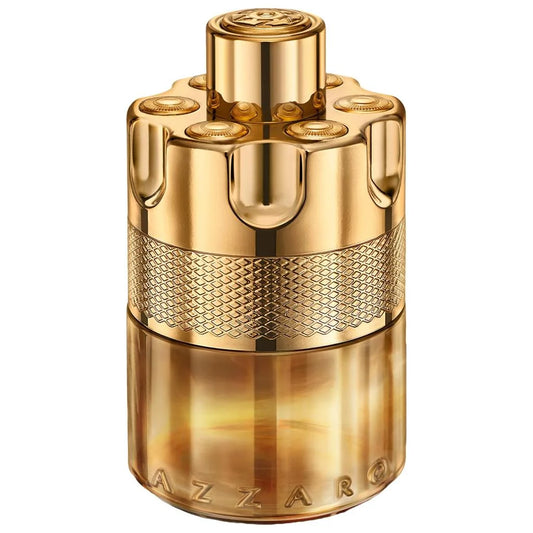 Gold Azzaro perfume bottle on a white background